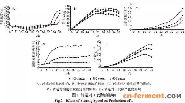 搅拌转速在发酵过程中对溶氧浓度、菌体生长速率(D660)、乙酸生成量、质粒稳定性和1 产量的影响