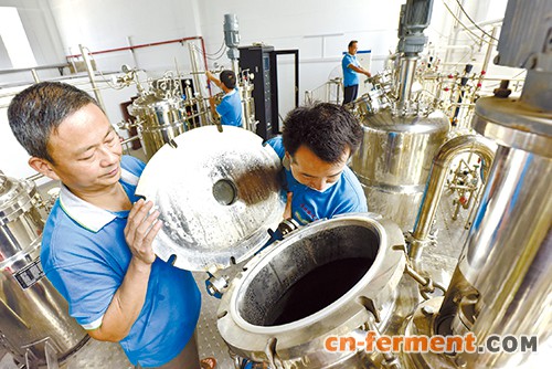 湖北肽洋红生物工程公司工人在微生物发酵车间忙碌