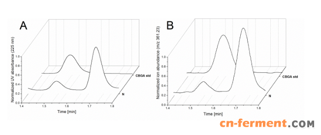 图2.用表达nphB的酿酒酵母的细胞裂解物产生的大麻素的LC-MS分析